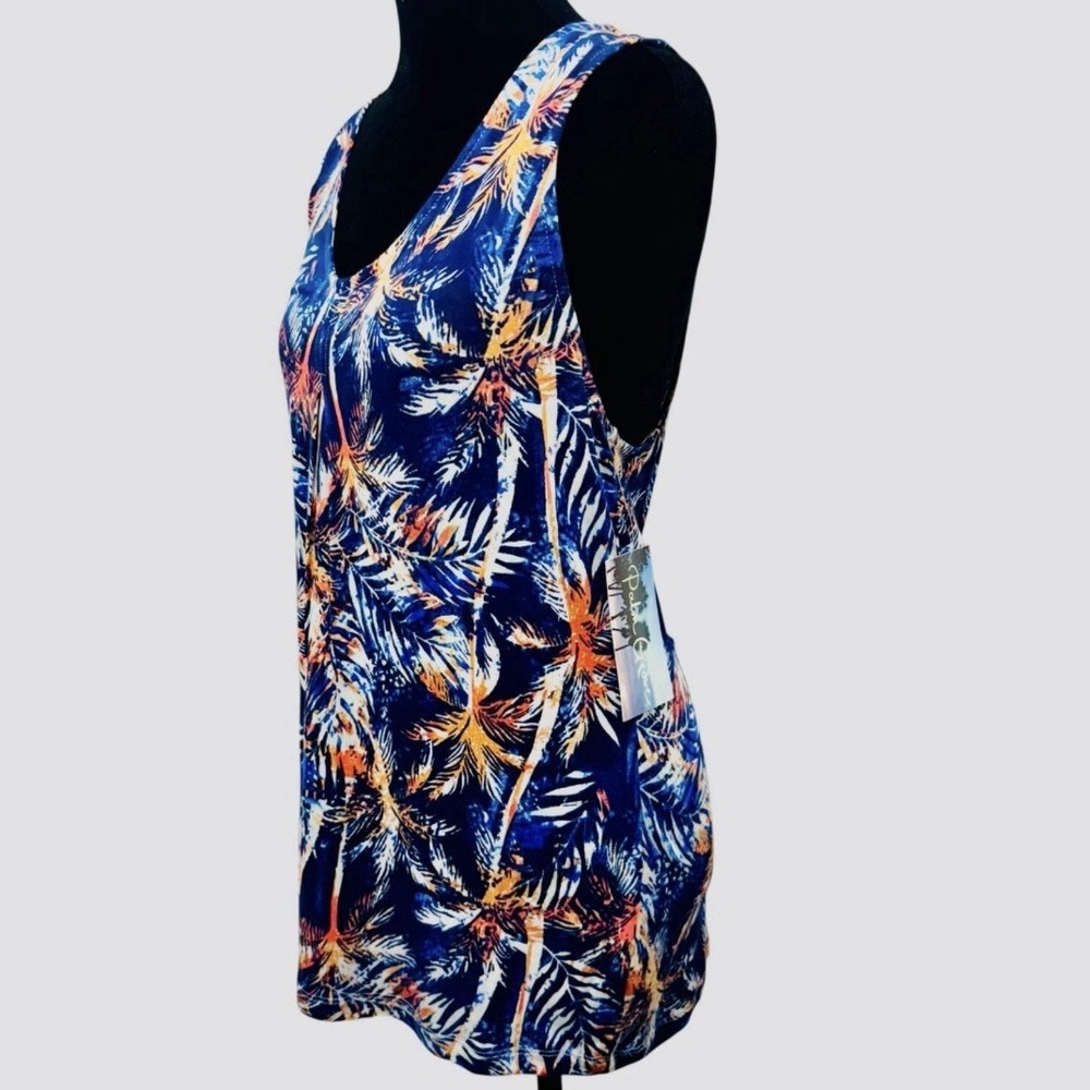 NEW Blue Flowy Tank Top Womens M Summer Palm Trees Beach Island Coastal Boho - Picture 4 of 13